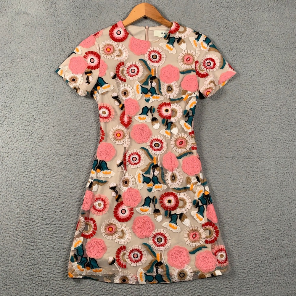 JessaKae Mini Dress Womens Size XS Beige Pink Floral Embroidery Boho Mesh A-Line